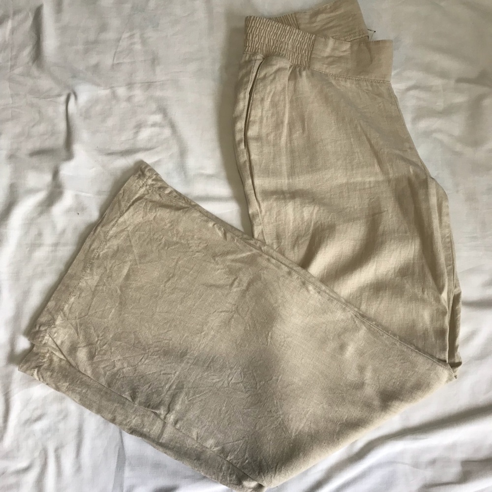 Khaki linen wide leg pant elastic waist like new!